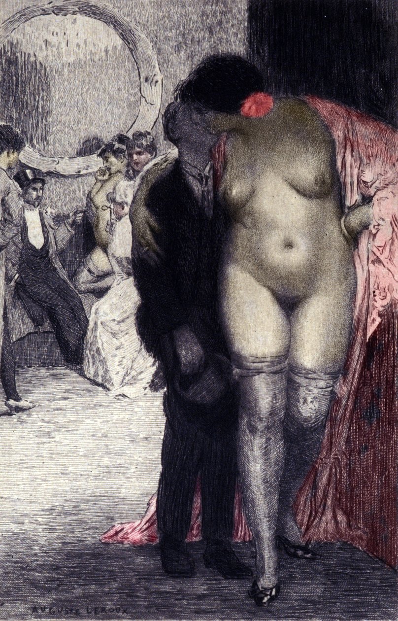Innenansicht eines französischen Bordells. Ein Kunde mit einer Prostituierten. Illustration von Auguste Leroux (1871-1954) von Auguste (after) Leroux