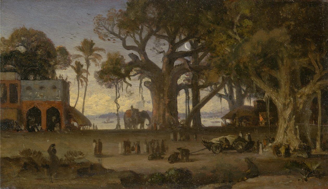 Mondschein-Szene mit indischen Figuren und Elefanten unter Banyanbäumen, Oberindien (wahrscheinlich Lucknow) von Auguste Borget