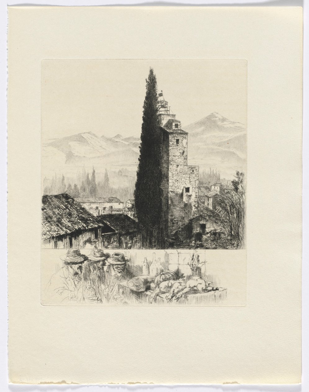 Frédéric Mistral: Mémoires et Recits von Frédéric Mistral: Turm in Landschaft / Mann und Wild (Einlage nach S. 200) von Auguste Brouet