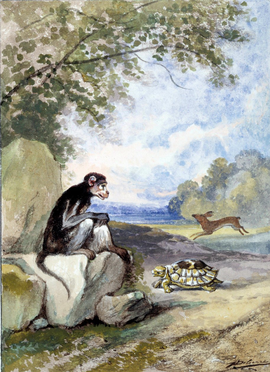 Illustration der Fabel „Der Hase und die Schildkröte“ von Jean de La Fontaine von Auguste Delierre