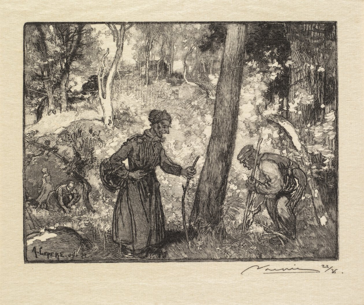Wald von Fontainebleau: Pilzsammler am Rocher Bernard, 1890 von Auguste Louis Lepère