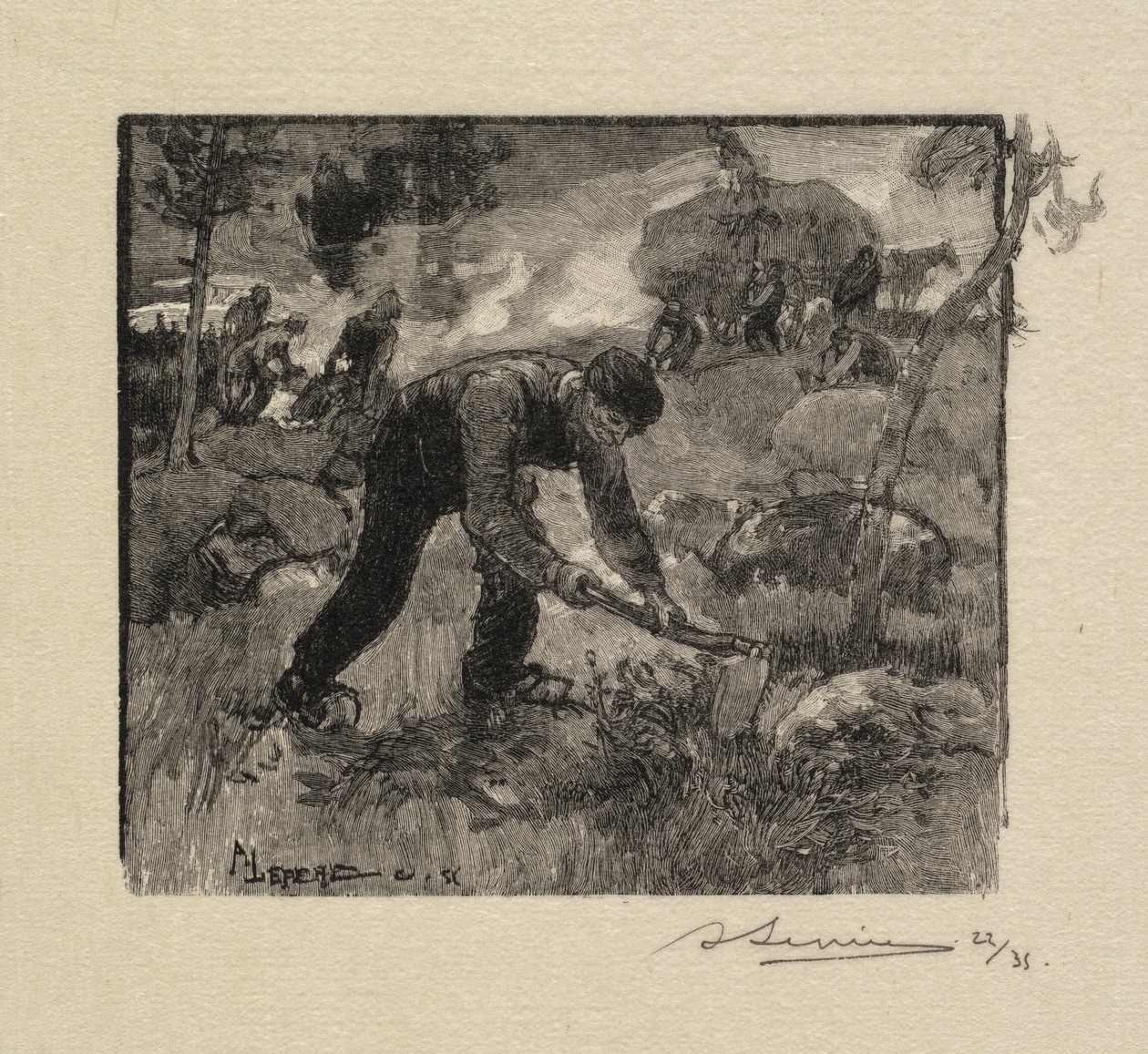 Fontainebleau-Wald: Heidekrautzieher (La Forêt de Fontainebleau: Arracheurs de Bruyères) von Auguste Louis Lepère