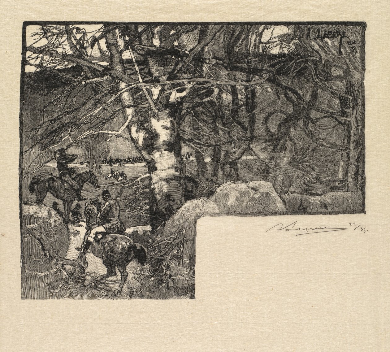 Wald von Fontainebleau: Jagd zu Pferd bei Mont-Gérard La Forêt de Fontainebleau, 1890 von Auguste Louis Lepère