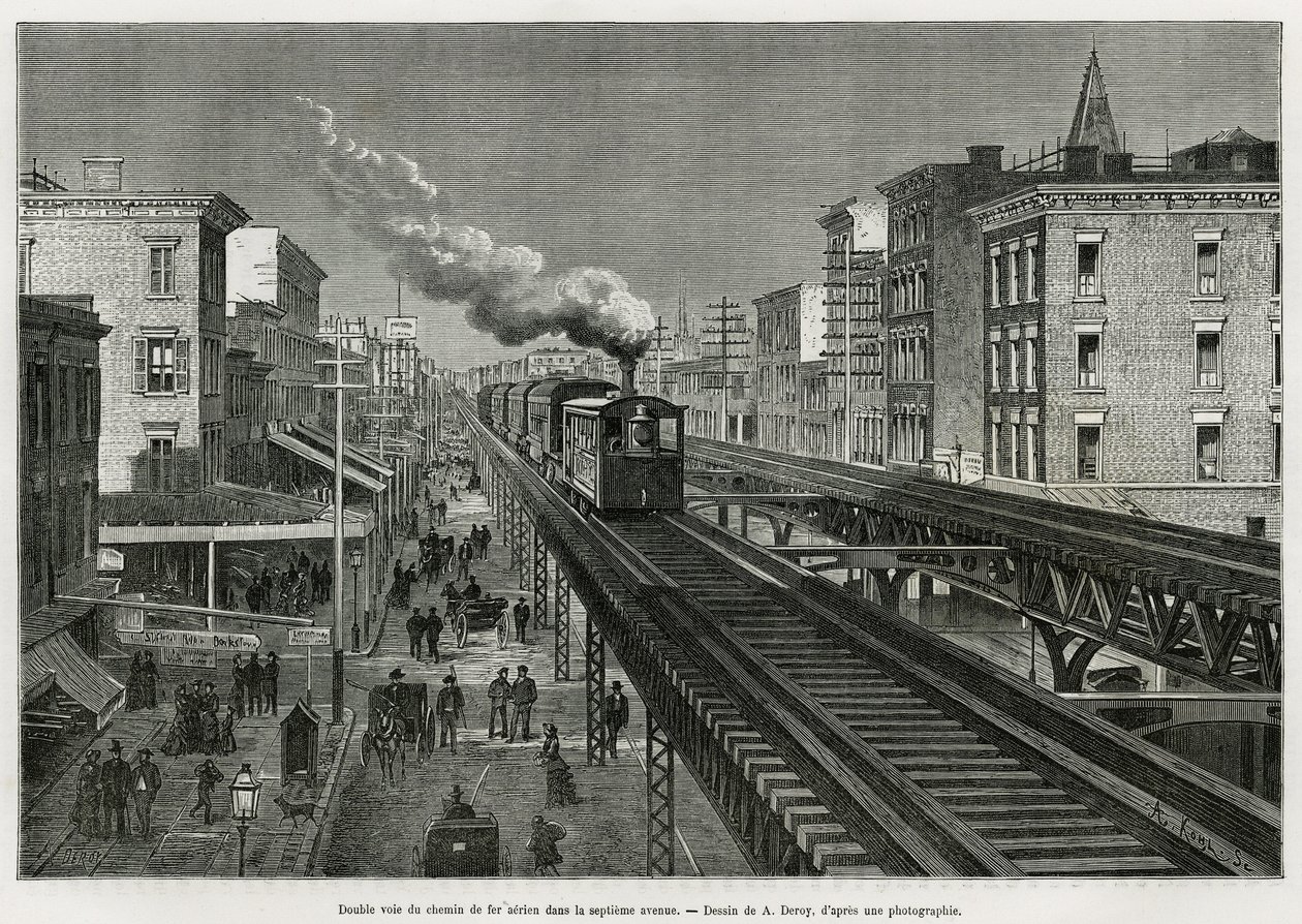 Doppelspur der Airline Railway auf der Seventh Avenue, New York, New York. Edouard de Laveleye, 1878-1879, veröffentlicht in Le tour du monde, unter der Leitung von Edouard Charton (1807-1890) von Auguste Victor Deroy