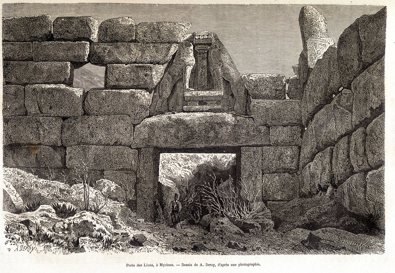 Löwentor in Mykene - Zeichnung von A. Deroy, in „Rund um die Welt“ 1877 2. Semester von Auguste Victor Deroy