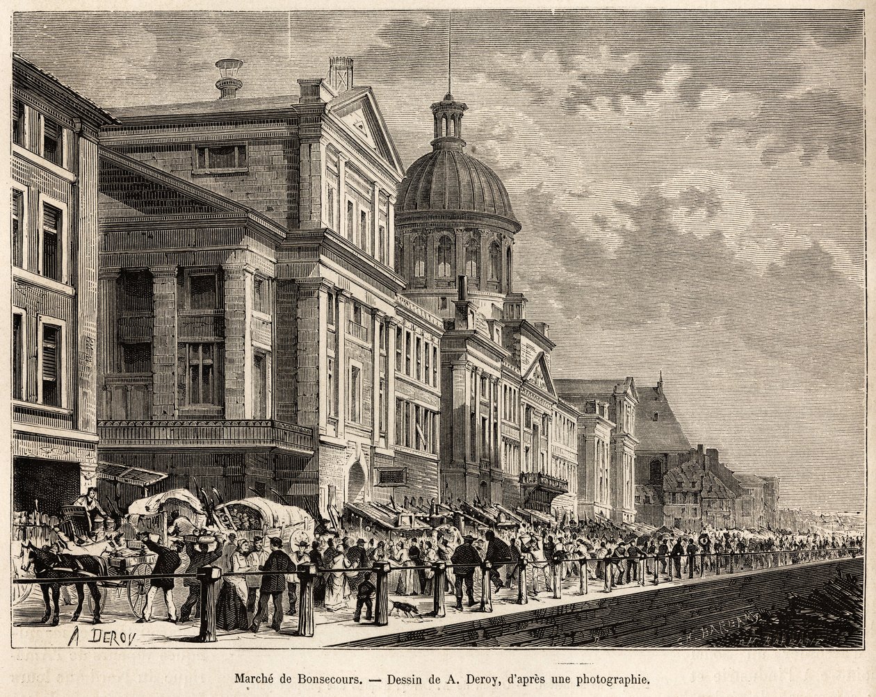 Der Markt von Bonsecours, ein touristisches und kulturelles Zentrum von Montreal, graviert nach einer Zeichnung von A. Deroy, zur Illustration des Ausflugs nach Kanada und zum Roten Fluss des Nordens, von H. De Lamotte, 1873, veröffentlicht in „Le tour du  von Auguste Victor Deroy