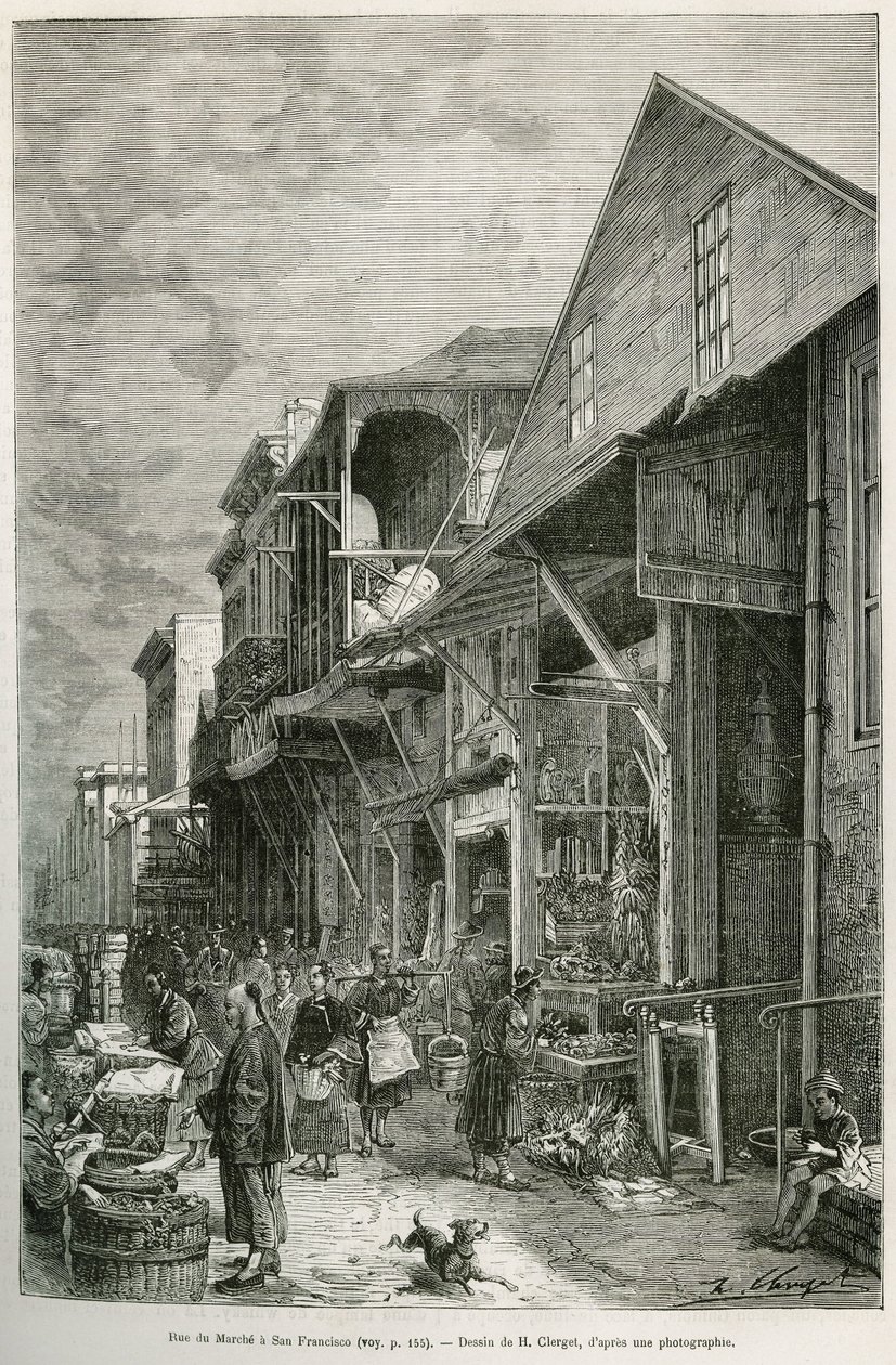 Die Straße des Marktes in San Francisco, die die Anwesenheit einer bedeutenden chinesischen Gemeinschaft zeigt, ein Vorbote eines zukünftigen Chinatowns. Gravur nach A. Deroys Zeichnung, zur Illustration der Geschichte La conquete blanche, von William Hep von Auguste Victor Deroy