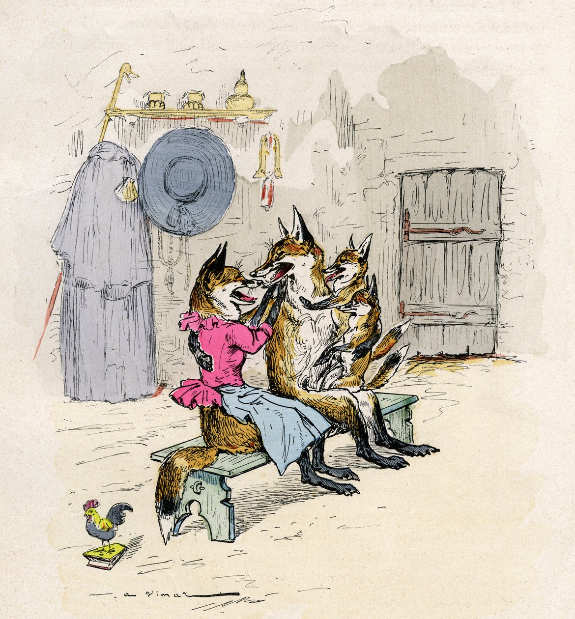 Illustration von A. Vimar für den Roman de Renart (Roman des Fuchses), Ausgabe Henri Laurens 19. Jahrhundert - Goupil und Hermeline der Fuchs, seine Frau, zu Hause, mit ihren Kindern, den kleinen Füchsen - von Auguste Vimar