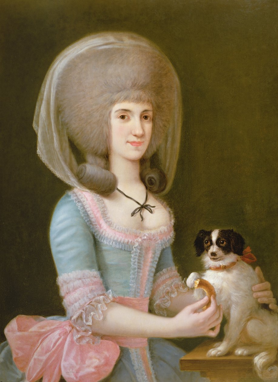 Porträt von Dona Maria Teresa Apodaca de Sisma, die ihrem Hund ein Leckerli gibt von Augustin Esteve