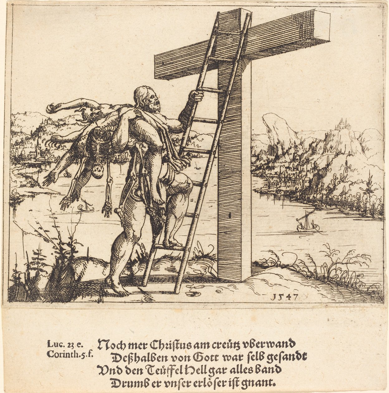 Christus steigt mit Sünde, Tod und Teufel auf das Kreuz von Augustin Hirschvogel