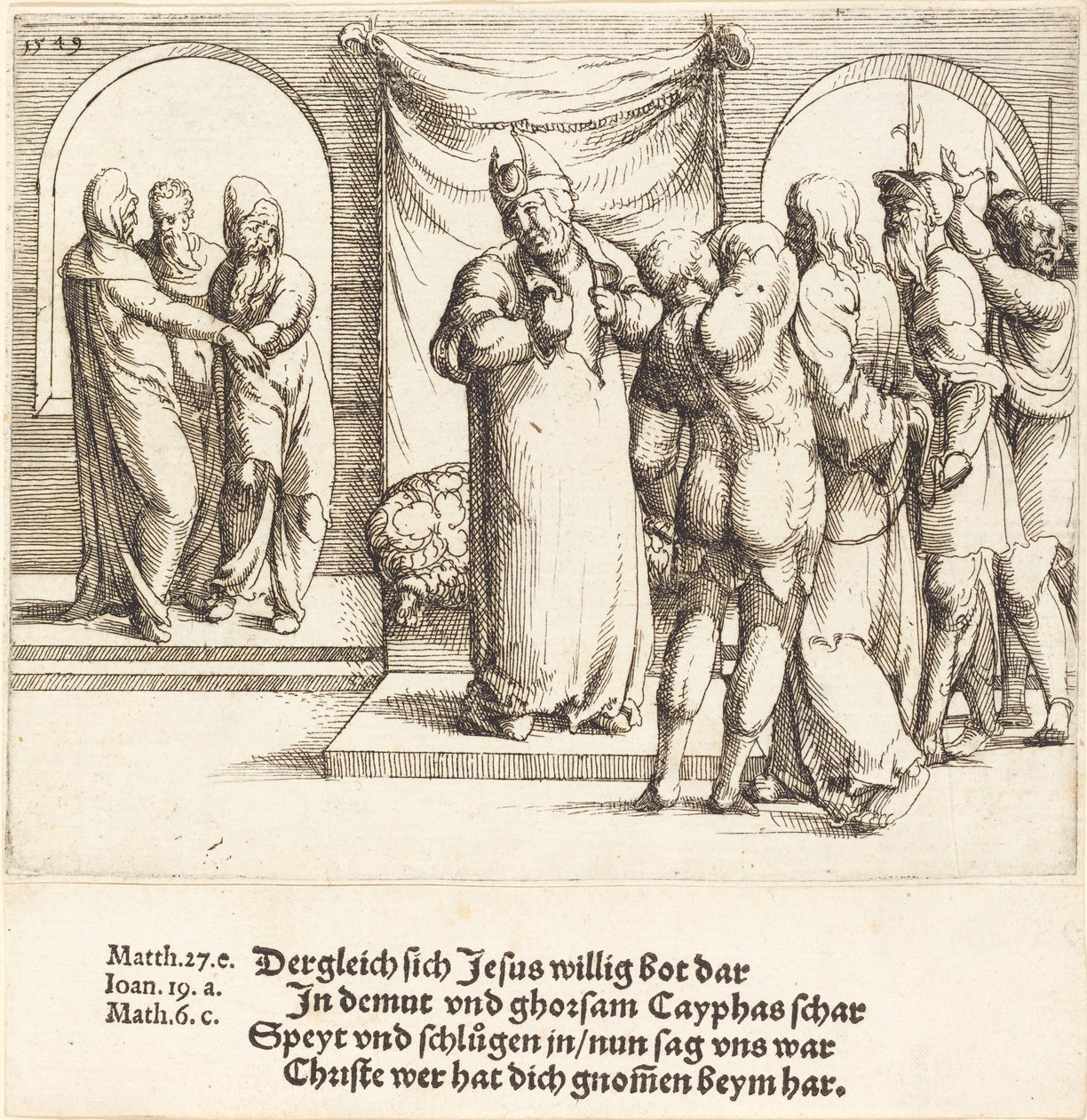 Christus wird verspottet, und Kaiphas zerreißt seine Kleider, 1549 von Augustin Hirschvogel