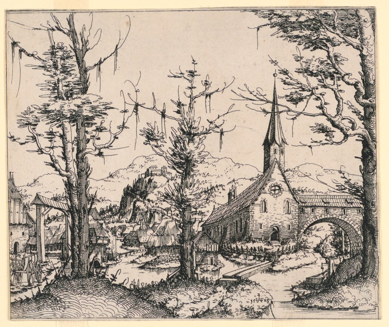 Kirche an einem Bach, überspannt von einer überdachten Brücke von Augustin Hirschvogel