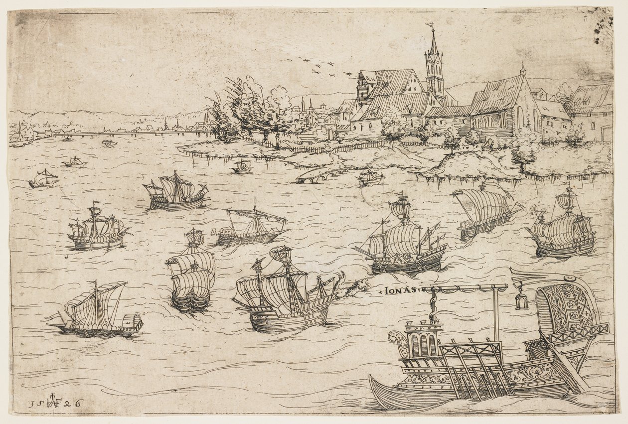 Jona und der Wal auf einem See mit Segelschiffen, 1546 von Augustin Hirschvogel