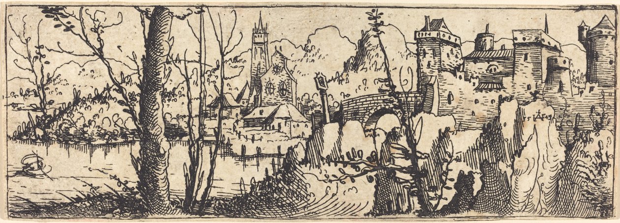 Landschaft mit Burg rechts, umgeben von Felsen von Augustin Hirschvogel