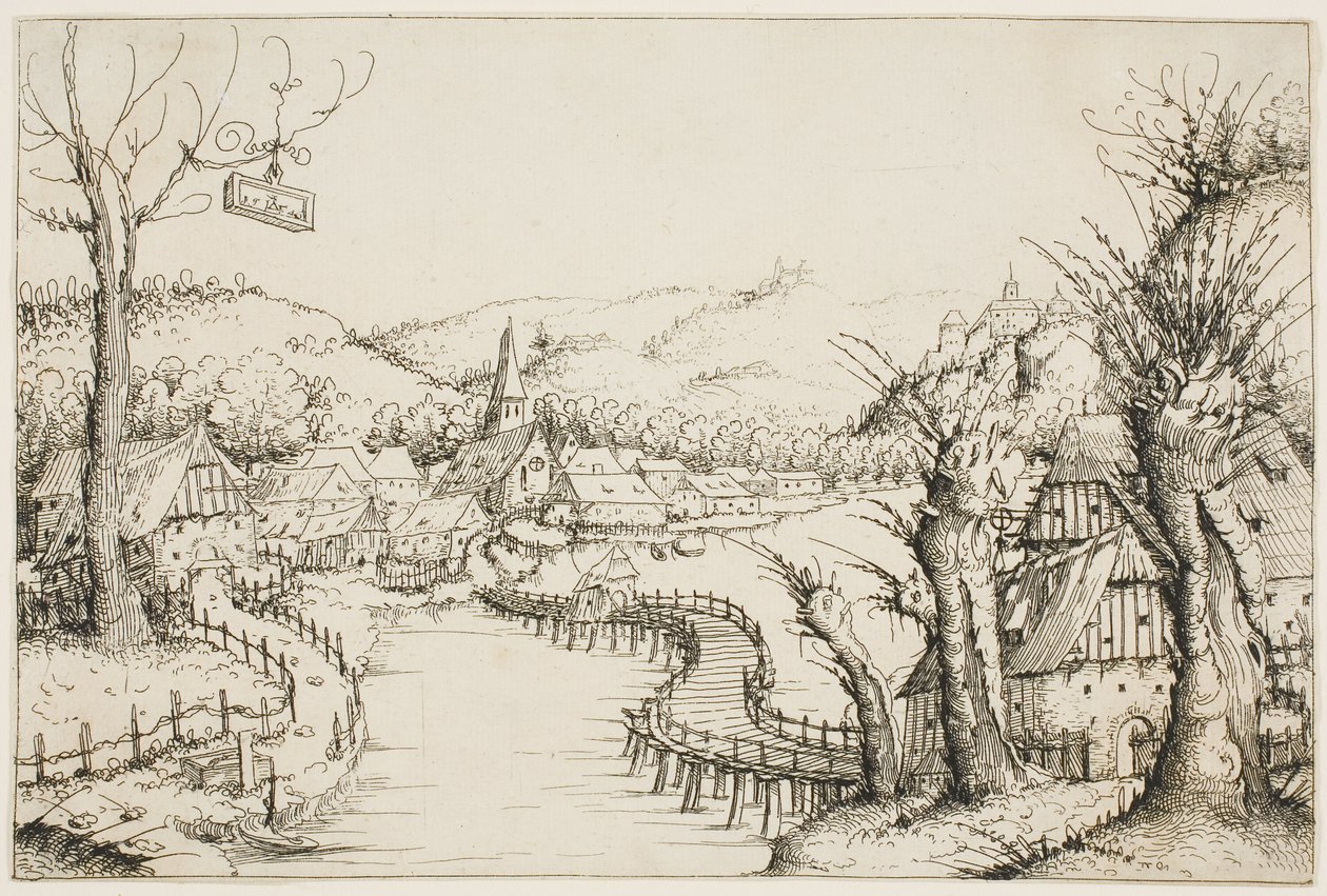 Landschaft mit einer gebogenen Holzbrücke von Augustin Hirschvogel