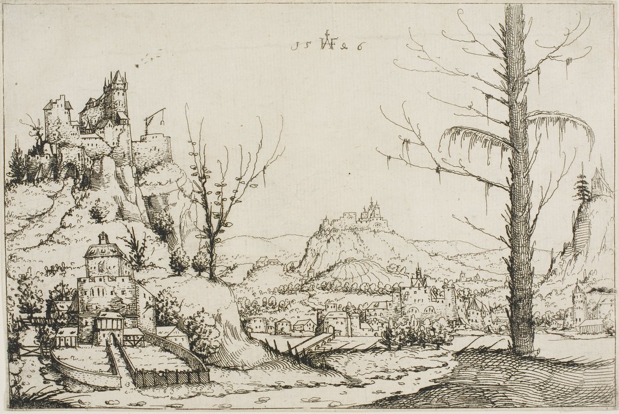 Landschaft mit einer Festung auf einem Hügel von Augustin Hirschvogel