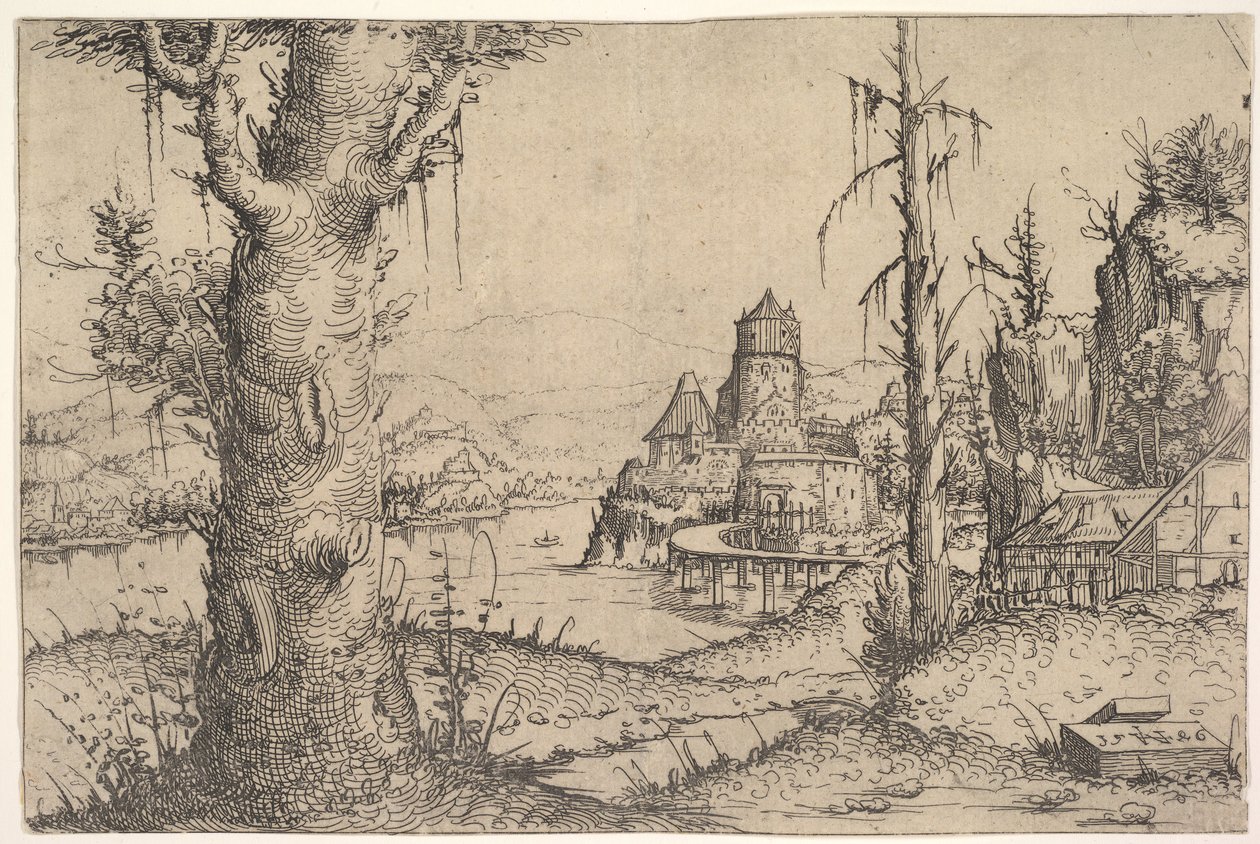 Flusslandschaft mit großem Baum links, 1546 von Augustin Hirschvogel