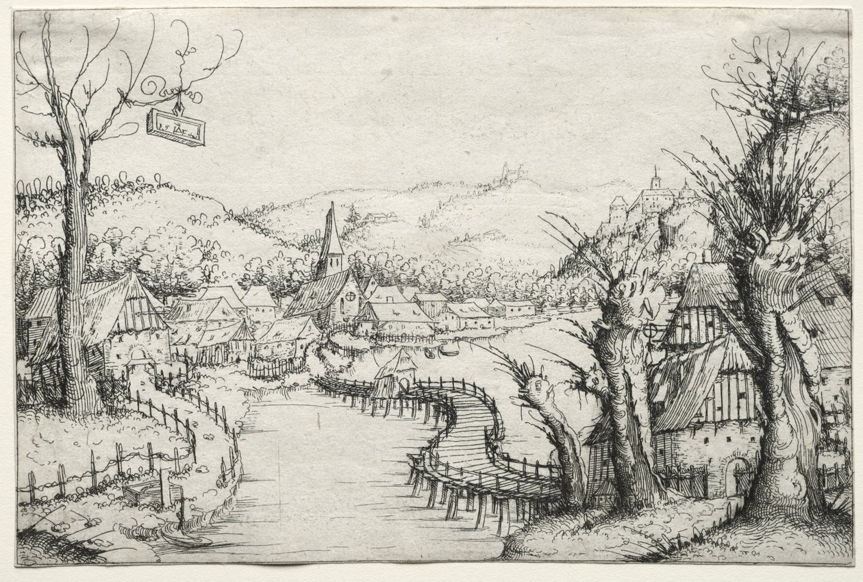 Flusslandschaft mit drei kahlen Weiden rechts und einer langen, gewundenen Holzbrücke in der Mitte, die zu einem Dorf führt von Augustin Hirschvogel