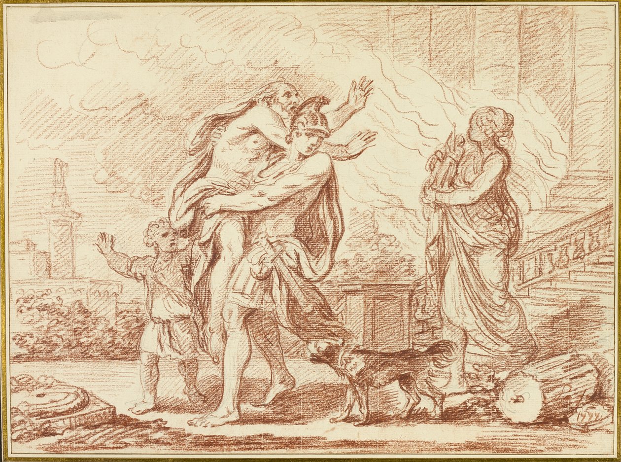 Aeneas flieht mit Anchises aus den Ruinen Trojas von Augustin Pajou