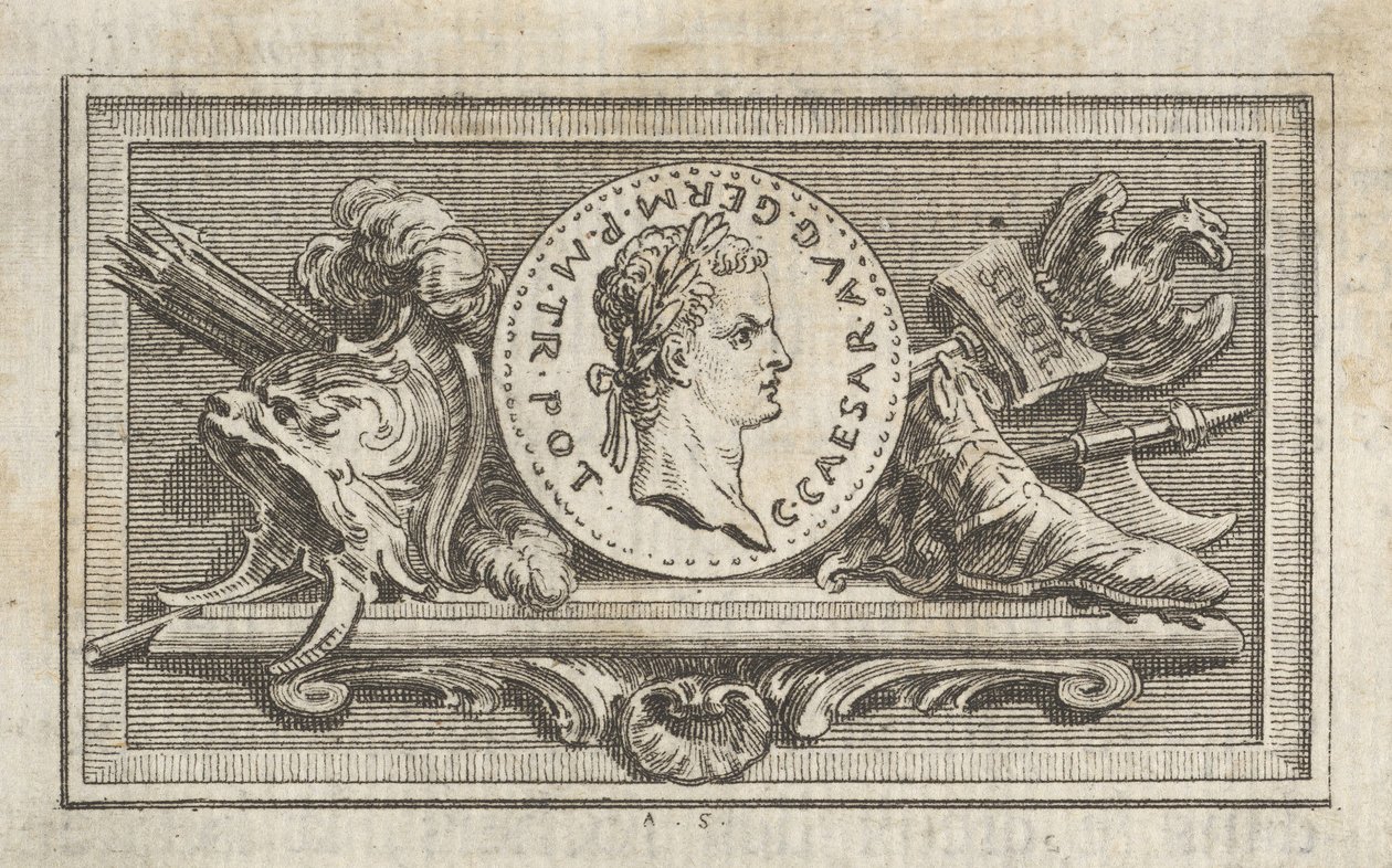 Medaille mit Porträt von Caligula im 6. Buch, aus Tibère ou les six premi..., veröffentlicht 1768 von Augustin de Saint-Aubin