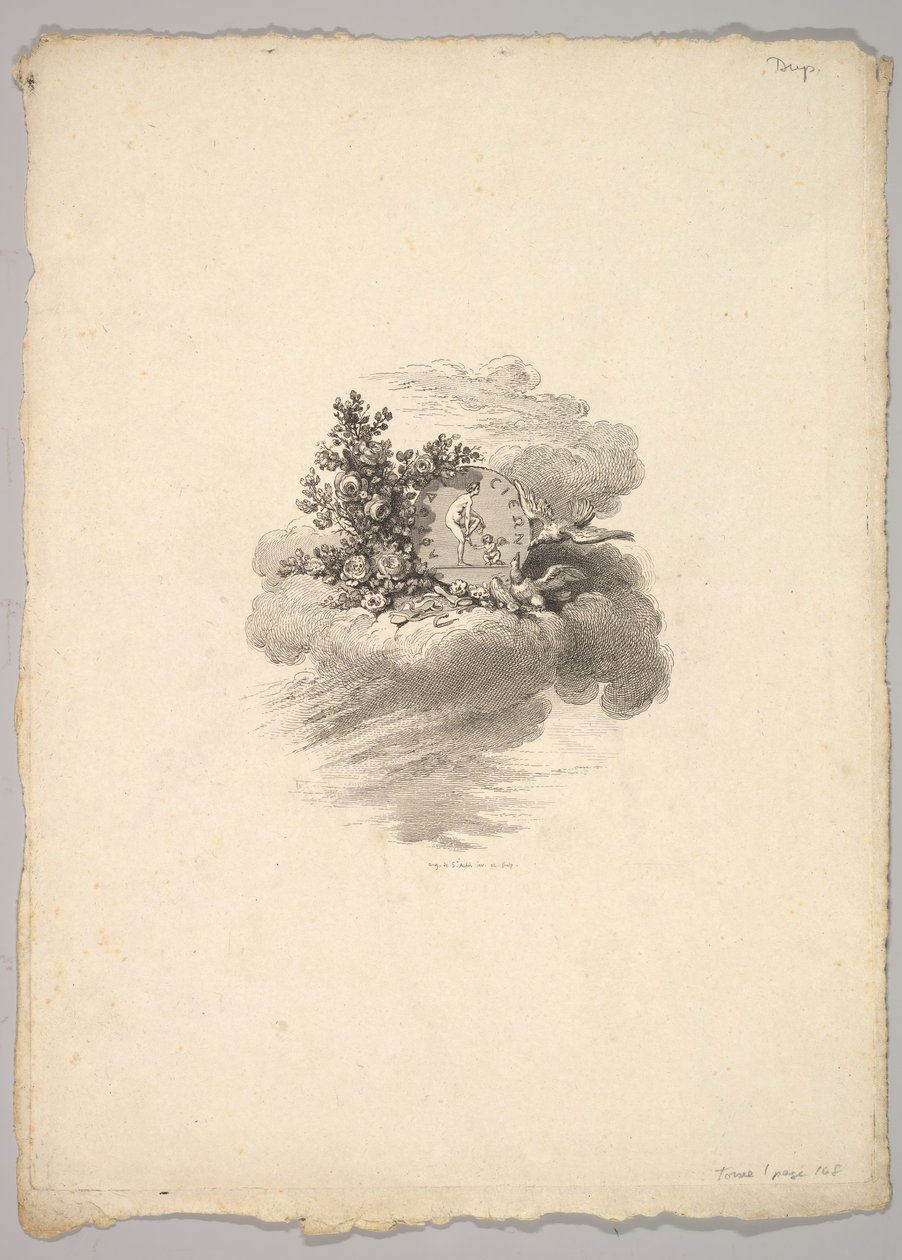 Vignette mit Münze auf einer Wolke mit Rosen links und Tauben unten und rechts von Augustin de Saint Aubin