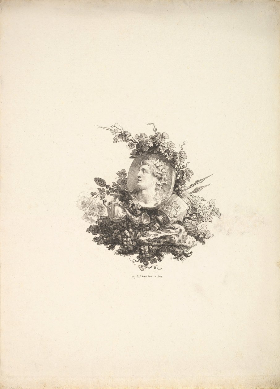 Vignette mit dem Kopf des Bacchus auf einem Karneol, Band I, Seite 242, aus Beschreibung de..., 1778-80 von Augustin de Saint Aubin