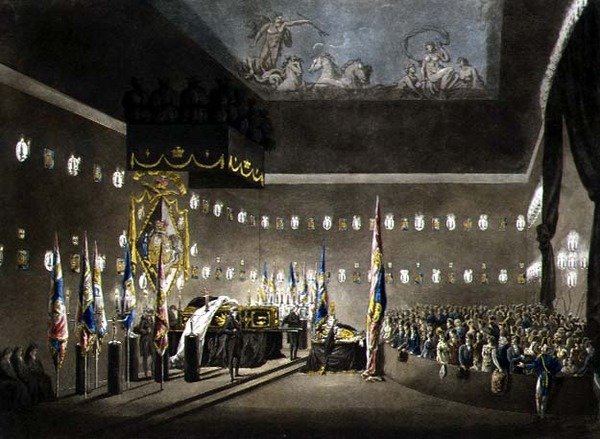 Überreste von Lord Viscount Nelson im Painted Chamber im Greenwich Hospital, graviert von J. Merigot, veröffentlicht 1806 von Augustus Charles (after) Pugin