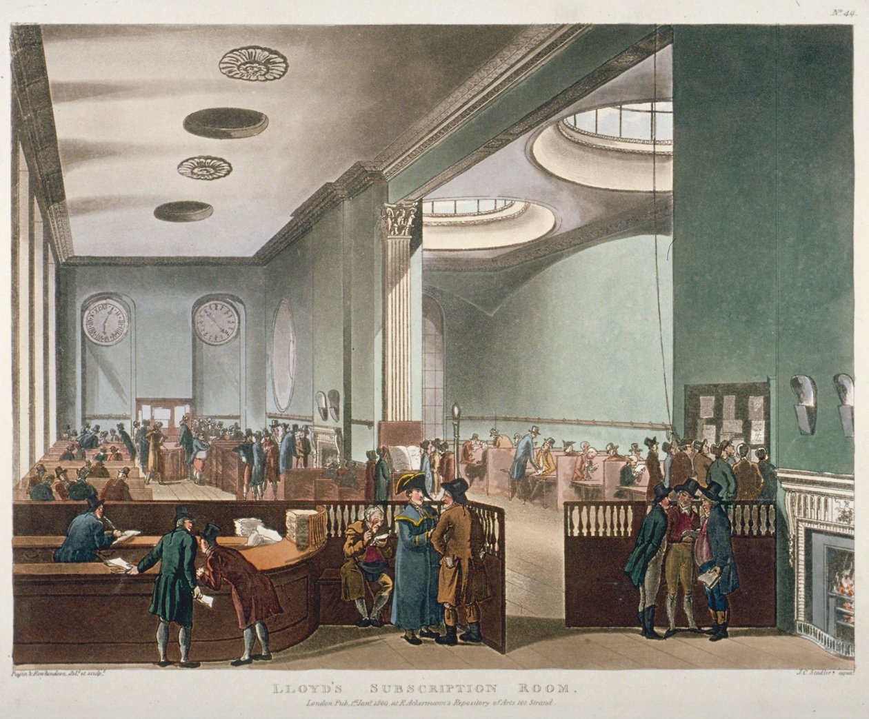 Innenansicht des Lloyds Subscription Room in der Royal Exchange, City of London, 1809 von Augustus Charles Pugin, Thomas Rowlandson