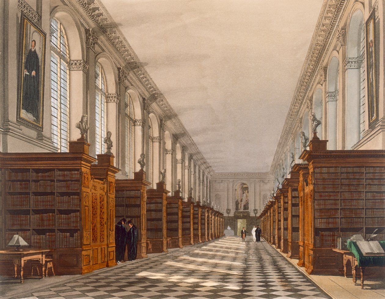 Innenansicht der Trinity College Bibliothek, Cambridge, aus The History of Cambridge, graviert von Daniel Havell, veröffentlicht von R. Ackermann, 1815 von Augustus Charles Pugin