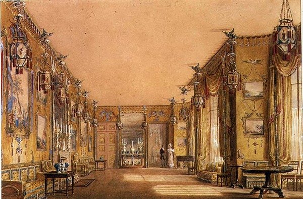 Innenraum des gelben Salons im Brighton Pavilion, um 1820 von Augustus Charles Pugin