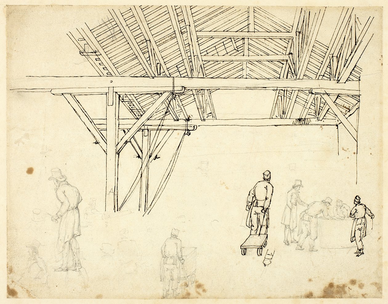 Abgelehnte Studie, möglicherweise für eine Illustration des Zollhauses, aus Microcosm of London (recto); Skizzen von Arbeitern mit Fässern (verso) von Augustus Charles Pugin