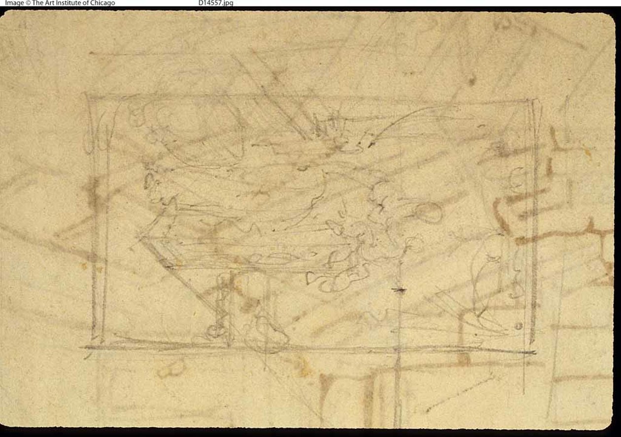 Studie für Ausstellungsraum, Somerset House, aus Microcosm of London (recto); Skizze eines Gemäldes: Madonna und Kind (verso) von Augustus Charles Pugin