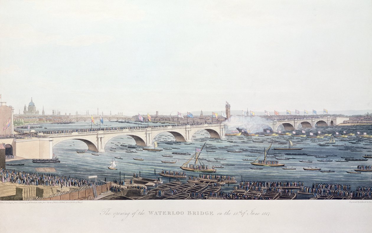 Die Eröffnung der Waterloo-Brücke am 18. Juni 1817, radiert von A. Pugin nach einer Zeichnung von W. Findlater, graviert von R. Havell und Sohn, 1818 von Augustus Charles Pugin
