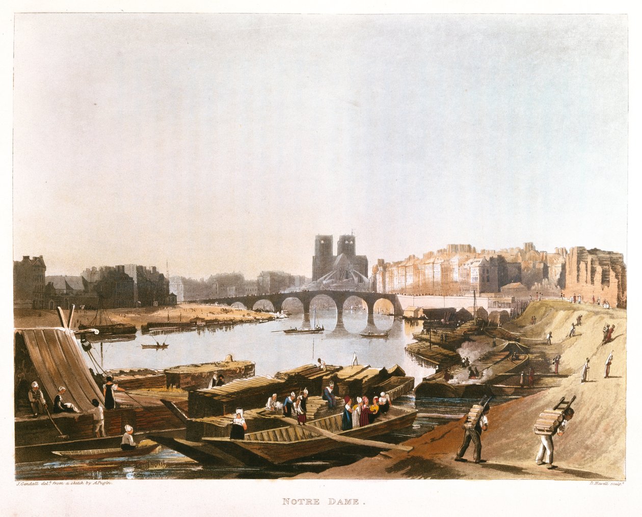 Notre Dame, Ile de la Cité, Ile Saint Louis und die Pont de la Tournelle, 1821 von Augustus Charles after Pugin