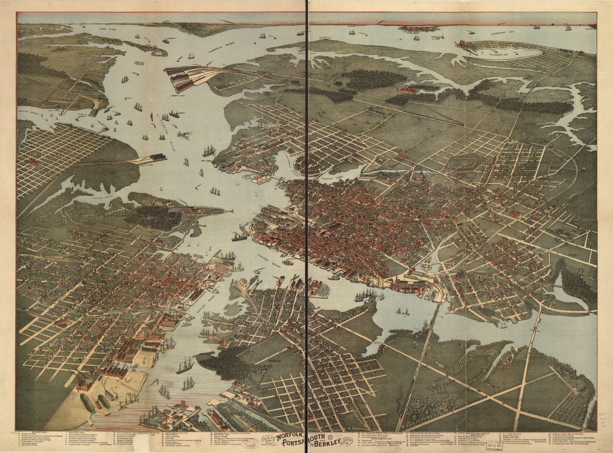 Vogelperspektive von Norfolk, Portsmouth und Berkley, Norfolk Co., Va. von Augustus; Morning News Lith Koch
