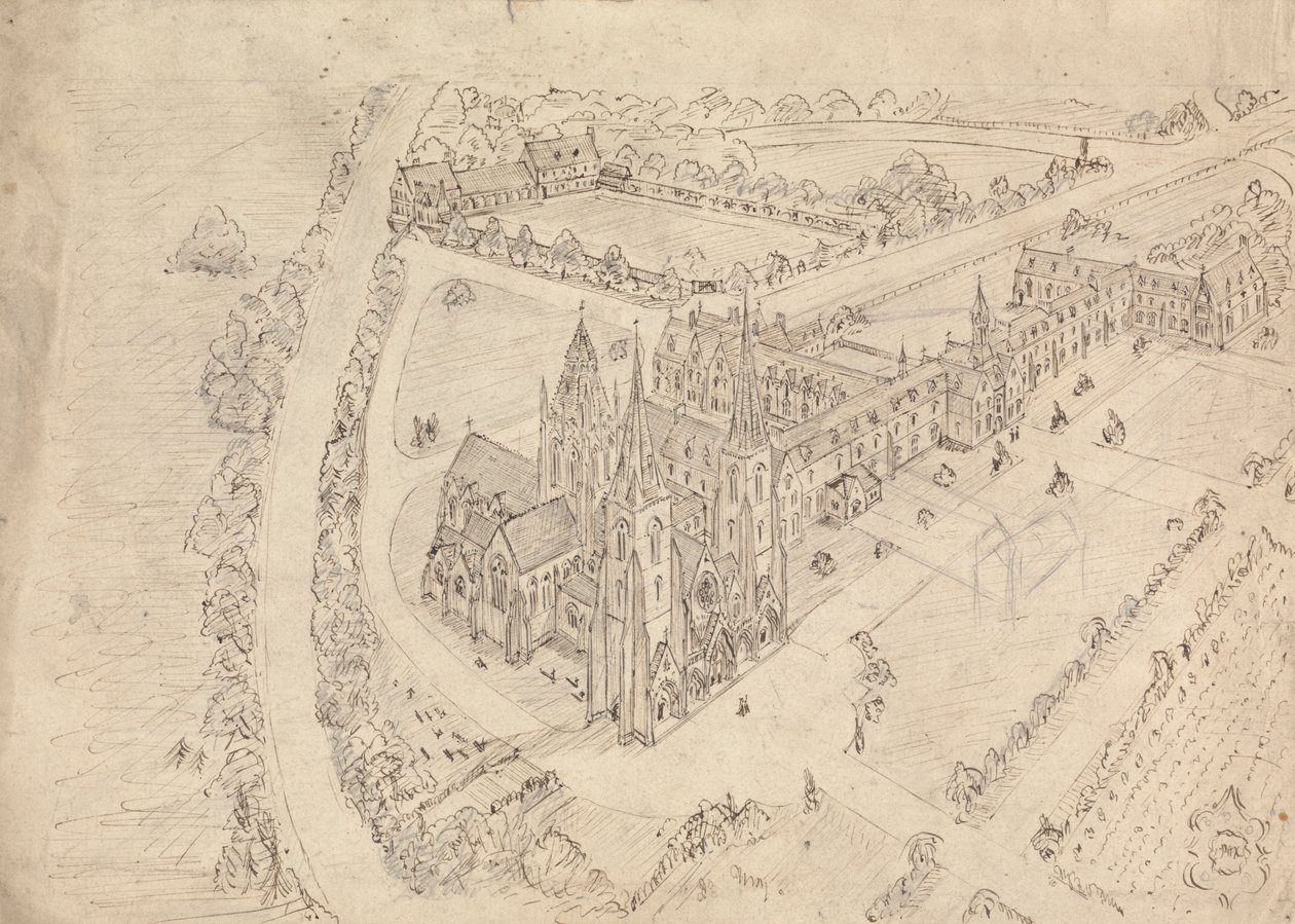 Skizze einer gotischen Kirche und eines Klosters von Augustus Welby Northmore Pugin