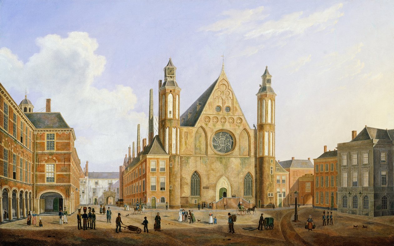 Der Binnenhof in Den Haag mit Blick auf den Ridderzaal mit Soldaten und anderen Figuren im Hof von Augustus Wynantz