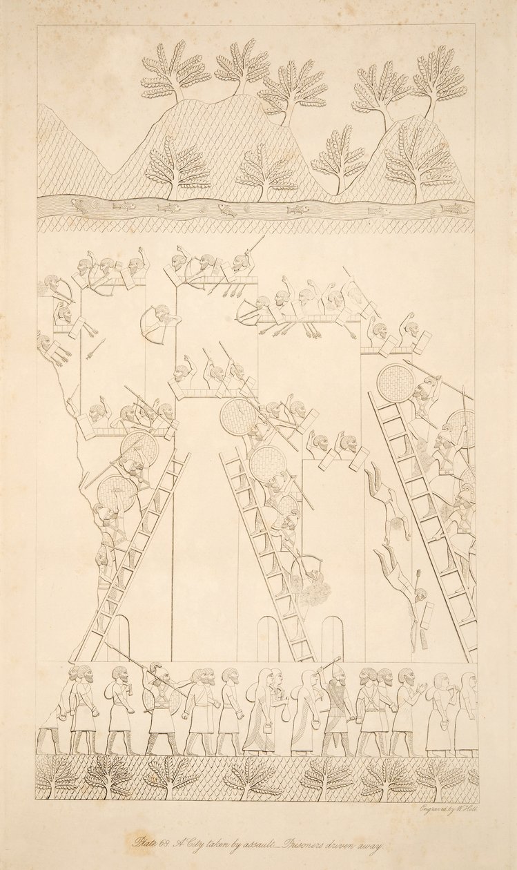 Eine Stadt wird im Sturm erobert - Gefangene werden weggeführt, aus Denkmäler von Ninive, veröffentlicht 1849 von Austen Henry Layard