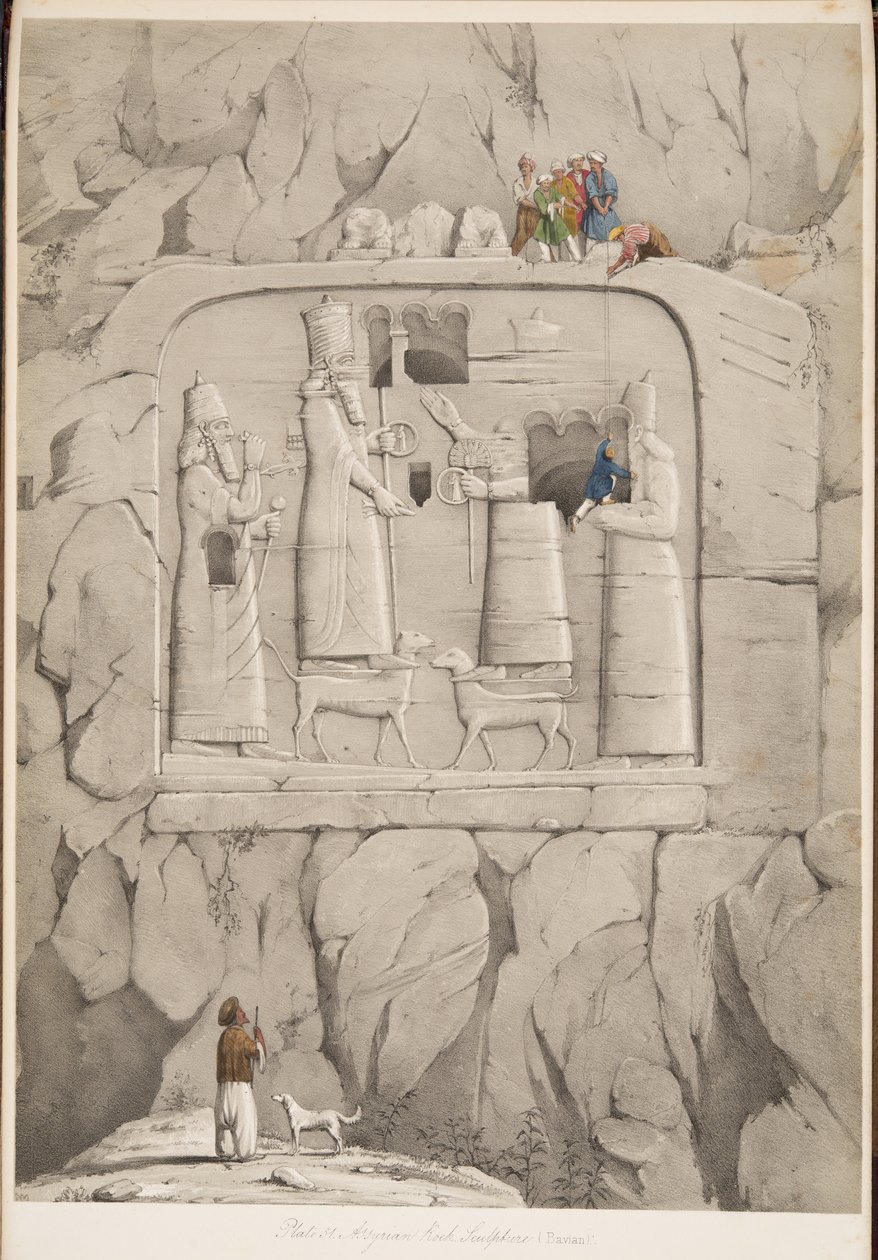 Assyrische Felsenskulptur (Bavian), aus Denkmäler von Ninive, veröffentlicht 1849 von Austen Henry Layard