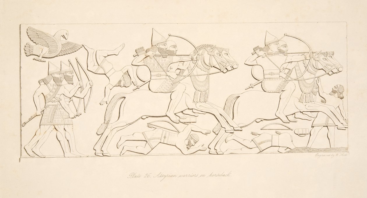 Assyrische Krieger zu Pferd, aus Denkmäler von Ninive, veröffentlicht 1849 von Austen Henry Layard