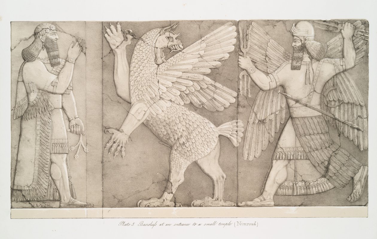 Basreliefs am Eingang zu einem kleinen Tempel in Nimrud [Kalhu], 1853 von Austen Henry Layard