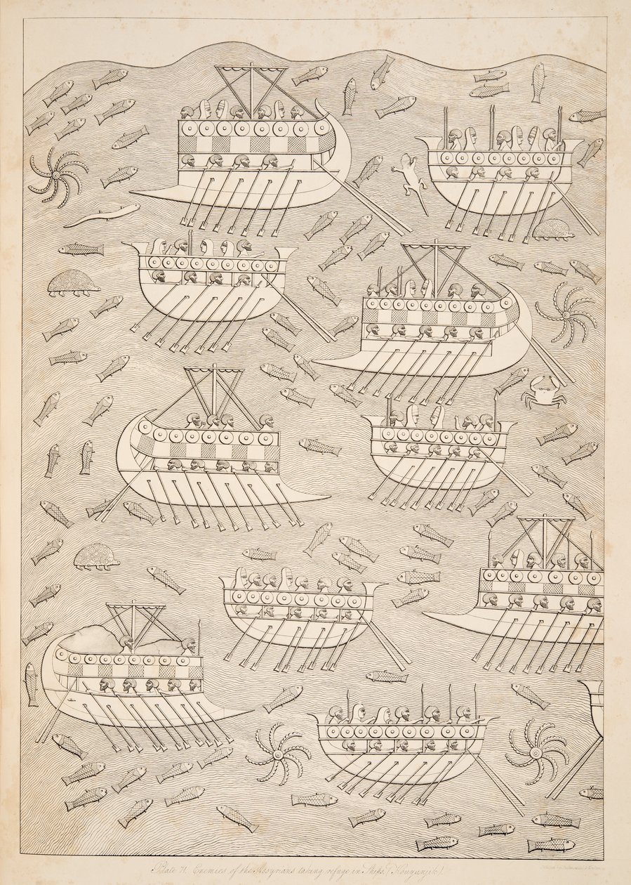 Feinde der Assyrer suchen Zuflucht in Schiffen (Kouyunlik), aus Denkmäler von Ninive, veröffentlicht 1849 von Austen Henry Layard
