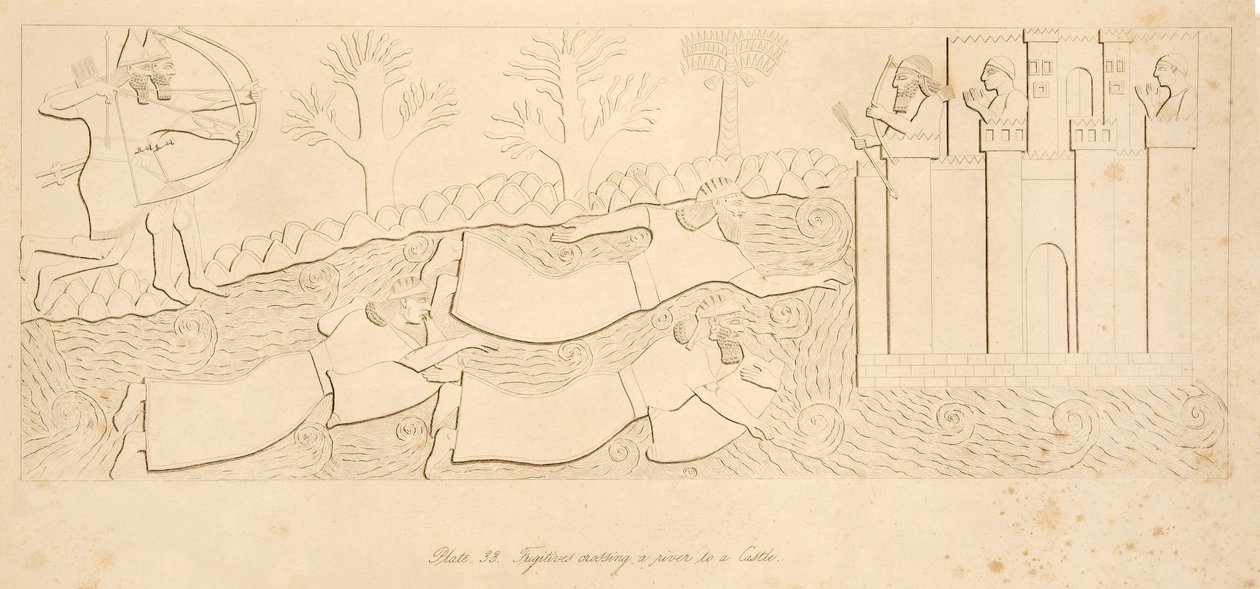 Flüchtlinge überqueren einen Fluss zu einer Burg, aus Denkmäler von Ninive, veröffentlicht 1849 von Austen Henry Layard
