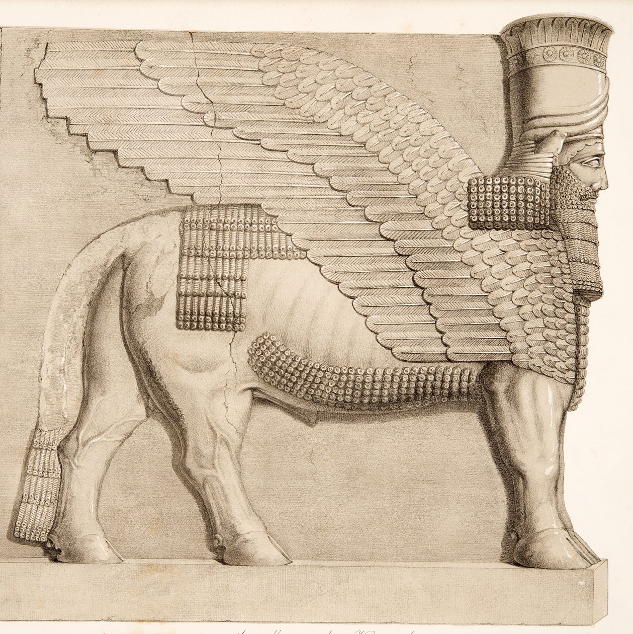 Menschköpfiger Stier und geflügelte Figur von einem Tor im Mauerwerk um Kouyunjik, aus Denkmäler von Ninive, veröffentlicht 1849 von Austen Henry Layard