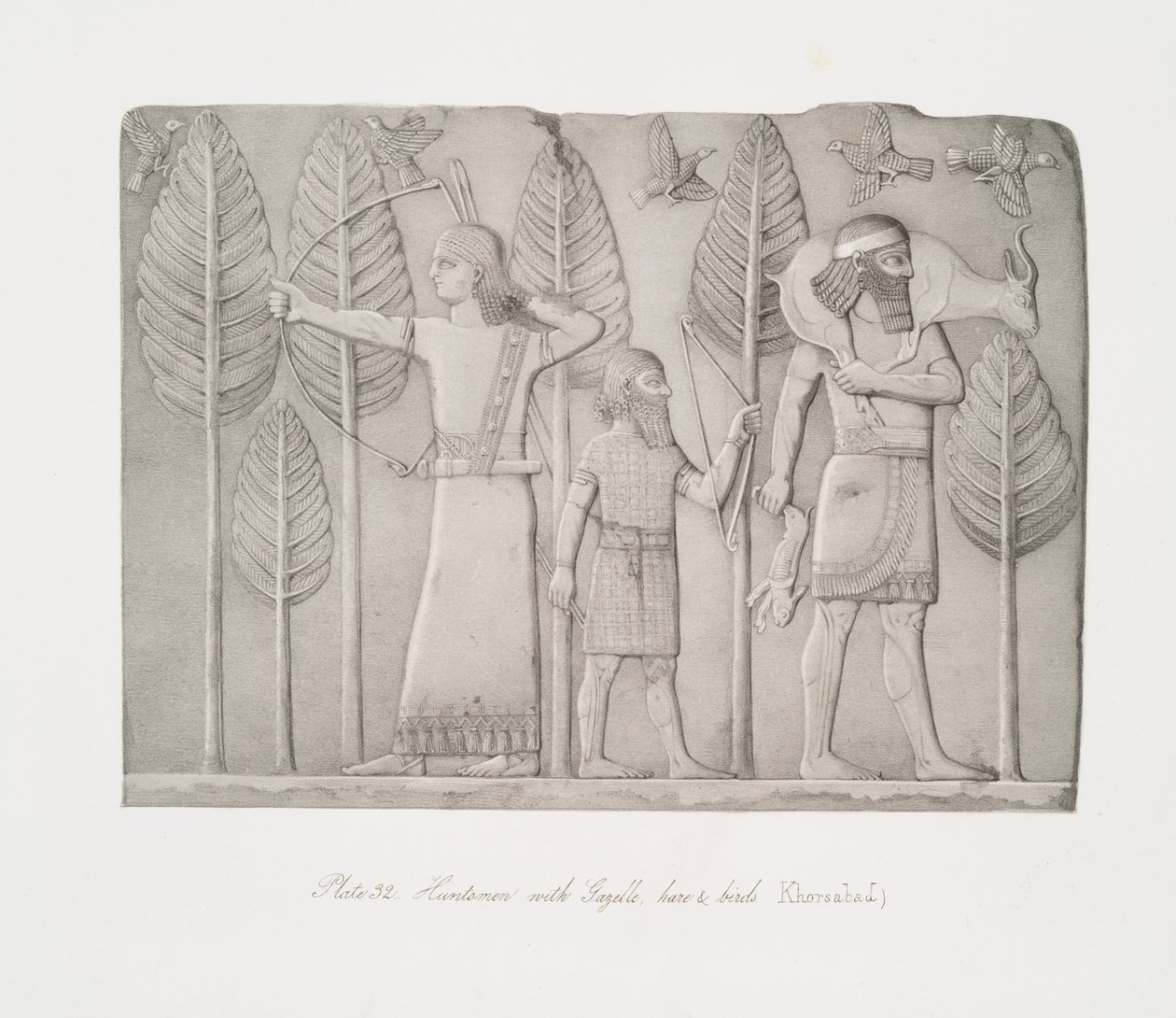 Jäger mit Gazelle, Hase und Vögeln (Khorsabad) von Austen Henry Layard