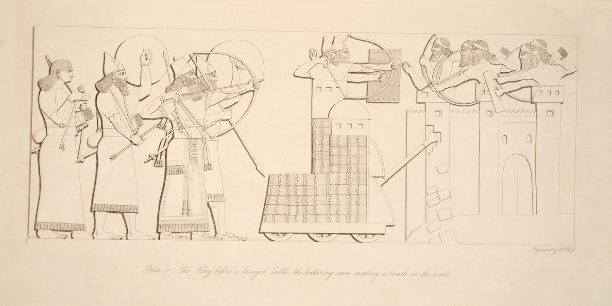 Der König vor einer belagerten Burg, der Rammbock macht eine Bresche in die Mauern, aus Denkmäler von Ninive, veröffentlicht 1849 von Austen Henry Layard