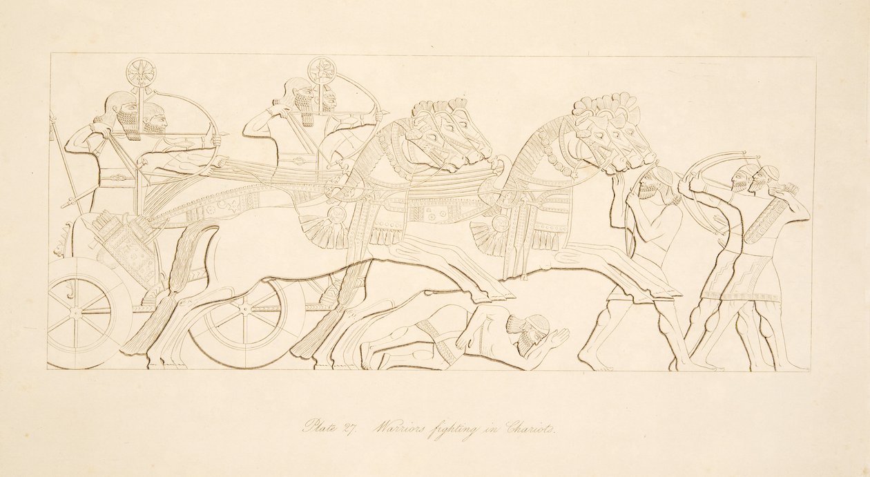 Krieger kämpfen in Streitwagen, aus Denkmäler von Ninive, veröffentlicht 1849 von Austen Henry Layard