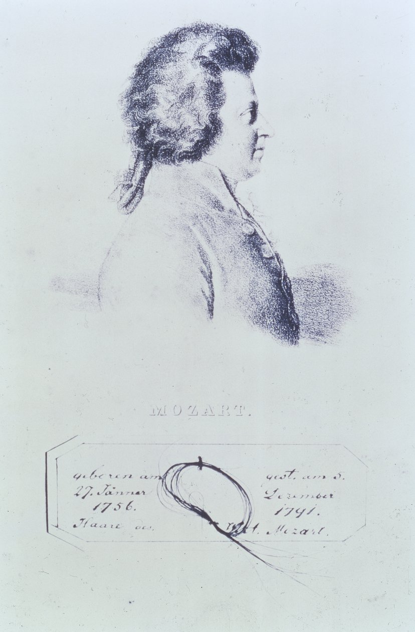Porträt von Wolfgang Amadeus Mozart (1756-91) mit einer Haarlocke darunter von Austrian School