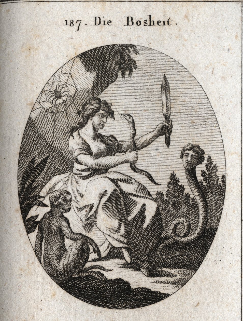 Allegorie der Bosheit. Sie sieht glücklich aus mit einem Aspik und einem Dolch. Ihre Attribute sind die Schlange mit einem menschlichen Gesicht, die Betrug wünscht, der Affe, der das Emblem der Bosheit ist, und die Spinne, die auf Fallen hinweist. von Austrian School
