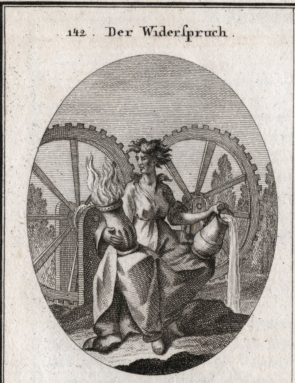 Allegorie der Belästigung. Ihr Anzug ist in zwei Hälften geteilt. Sie hält ein Gefäß mit Wasser und ein Gefäß mit Feuer. Die beiden Zahnräder bewegen sich in entgegengesetzte Richtungen. Gravur in „Iconologie oder Ideen aus dem Gebiete der Leidenschaften u von Austrian School
